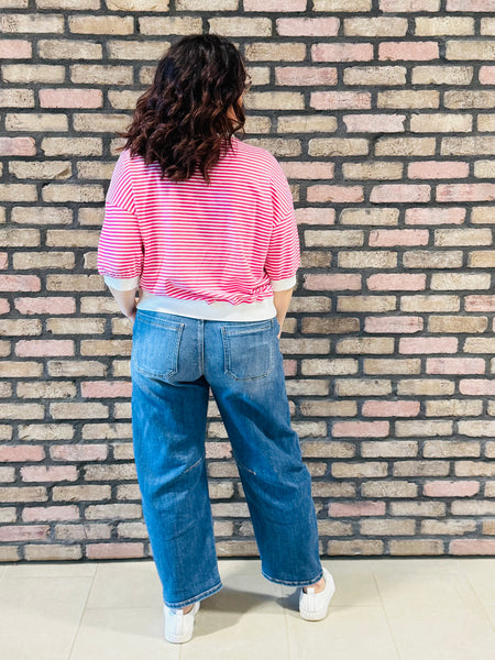 Striped Contrast Trim Top - Hot Pink