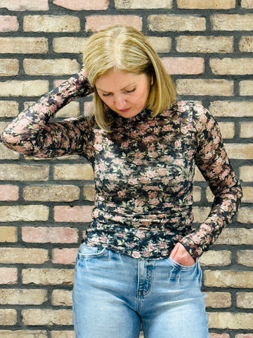Fitted Sheer Mesh Top - Black Floral