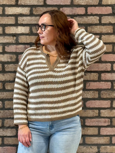 Split Neck Sheer Knit Pullover - Mocha