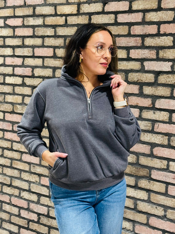 Half Zip-Up Burn-Out Pullover - Heather Grey