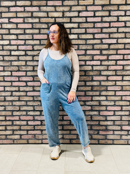 Washed Overalls with Pockets - Dusty Blue