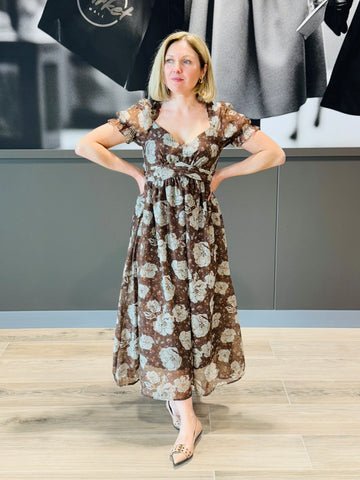 Sweetheart Back Tie Dress - Brown Multi