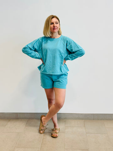 French Terry Pullover and Shorts Set - Turquoise