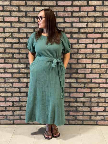 Gauze Henley Midi Dress - Hunter Green