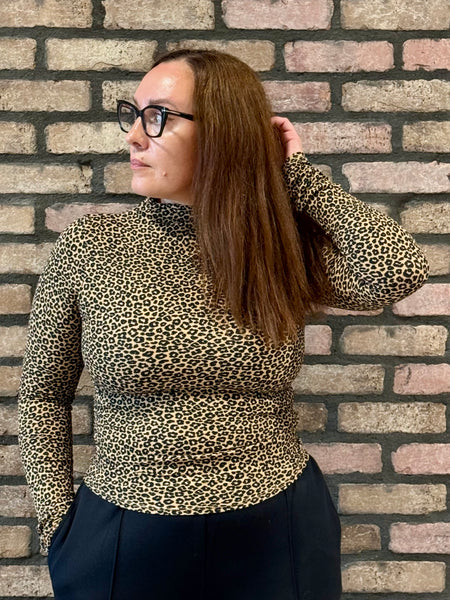 High Neck Animal Print Top - Taupe/Black