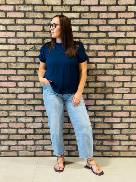 Eyelet Lace Trim Linen Top - Navy