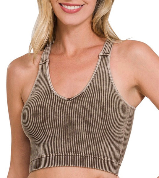 Ribbed Bra Padded Tank Top - Brown