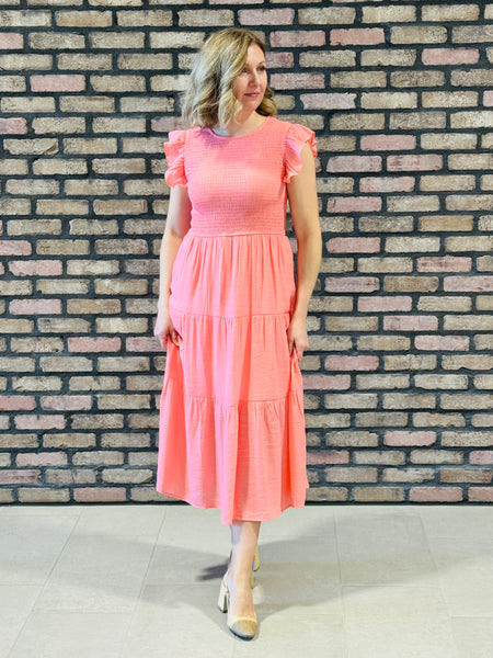 Smocked Tiered Dress - Coral