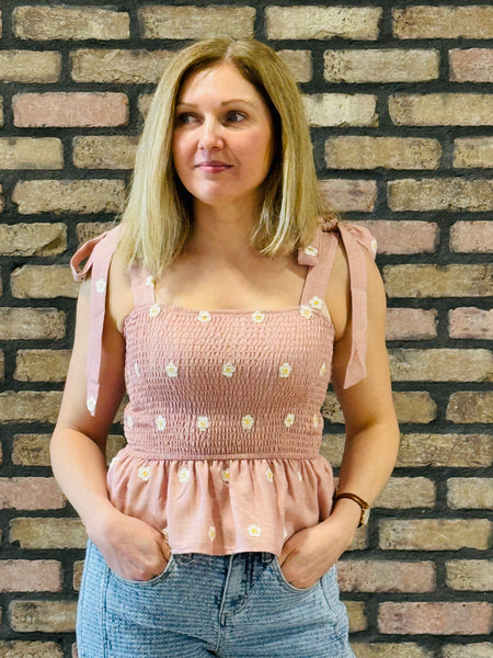 Daisy Embroidery Smocked Top - Dusty Pink