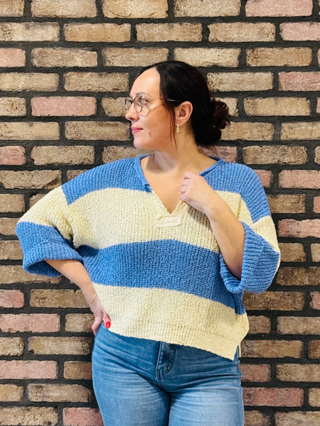 Split Neck Striped Sweater - Cornflower Blue