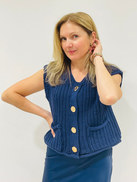 Chunky Knit Button-Up Vest - Navy