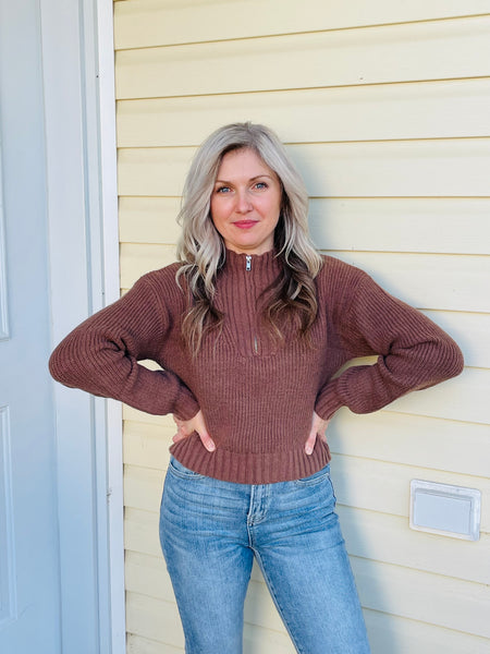 Half Zip Collared Sweater - Brown