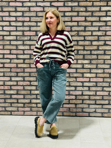 Multi Stripe Polo Sweater - Maroon/Mint