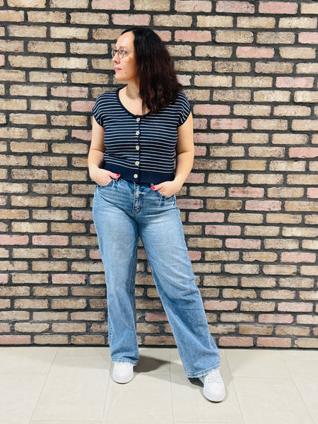 Striped Short Sleeves Cardigan - Navy