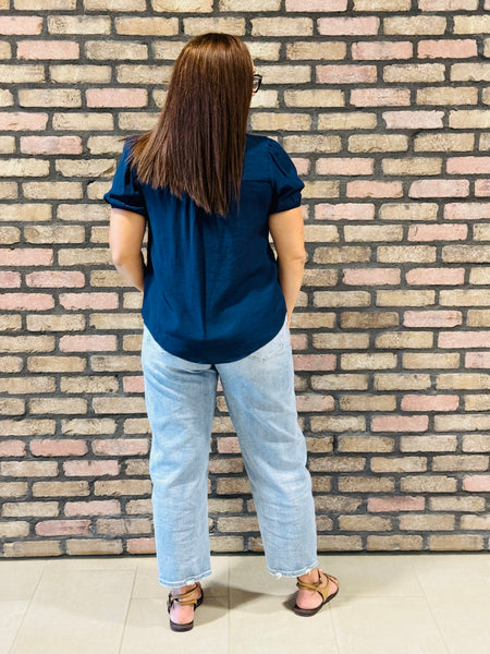 Eyelet Lace Trim Linen Top - Navy