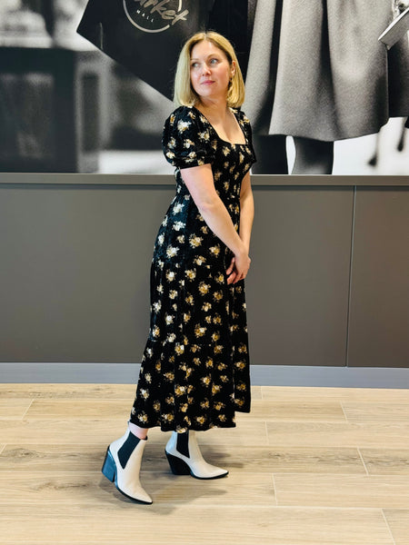 Floral Velvet Midi Dress - Black Multi