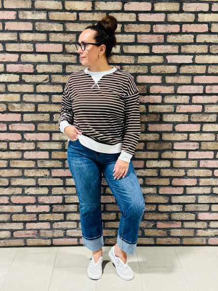 Striped Rib Banded Pullover - Chocolate