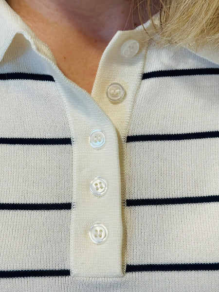 Striped Polo Knit Top - Cream/Navy