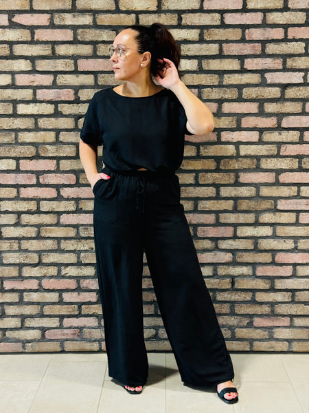Textured Top and Pants Set - Black