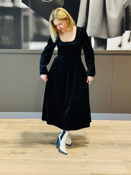 Velvet Smocked Midi Dress - Black