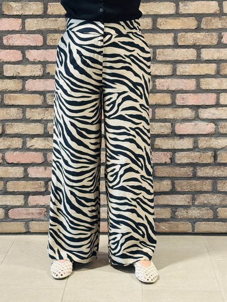 Wide Leg Zebra Print Pants - Taupe/Black