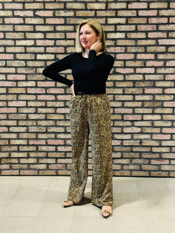 Animal Print Wide Leg Pants - Khaki/Black