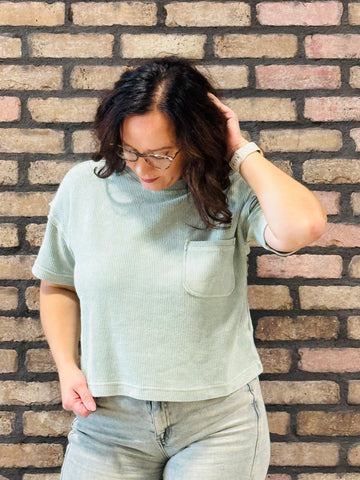 Ribbed Tee with Pocket - H Olive
