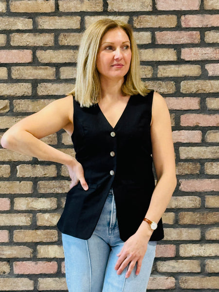 Longline Button Down Vest - Black