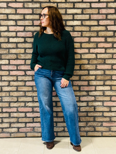 Pointelle V-Stitch Sweater - Forest Green