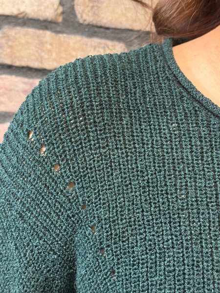 Pointelle V-Stitch Sweater - Forest Green