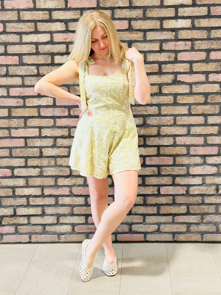 Floral Embroidery Tie Strap Romper - Light Sage