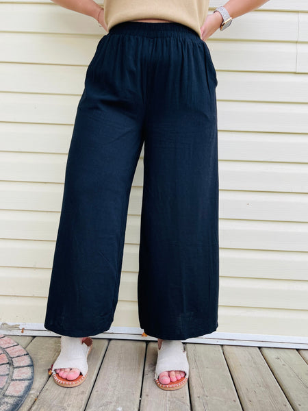 Wide Linen Blend Pants - Black