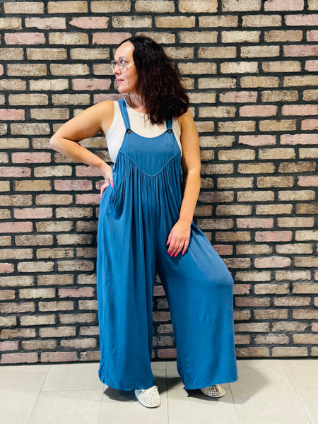 Woven Rayon Crepe Overalls - Dusty Blue