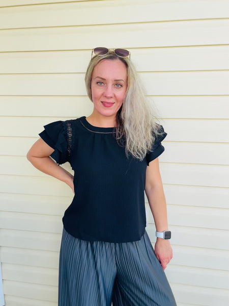 Ruffle Sleeves Lace Detail Top - Black