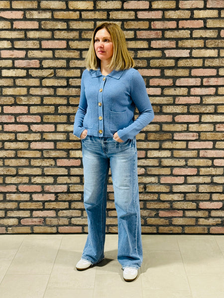 Collared Button Down Cardigan - Dusty Blue