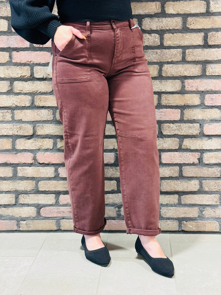 Ankle Cuffed Barrel Jeans - Choco Brown