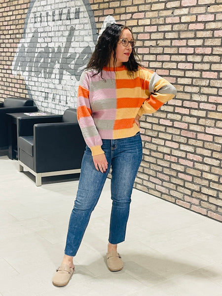 Multi Half Block Striped Sweater - Rust/Oat/Mauve/Taupe