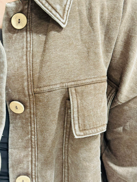 Acid Wash Fleece Shacket - Mocha