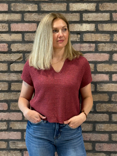 Split Neckline Drop Shoulder Top - Maroon