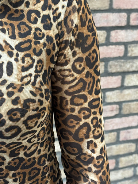 Animal Print Mesh Mini Dress - Khaki/Black