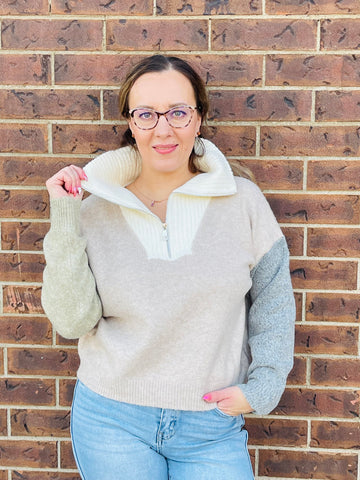 Colour Block Half Zip Pullover - Taupe