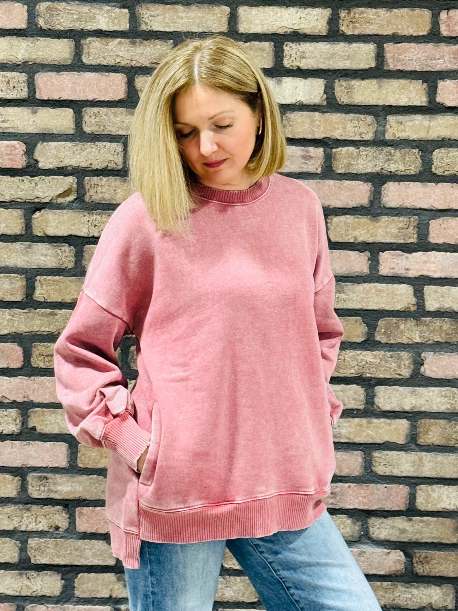 Acid Wash Fleece Pullover - Winter Rose