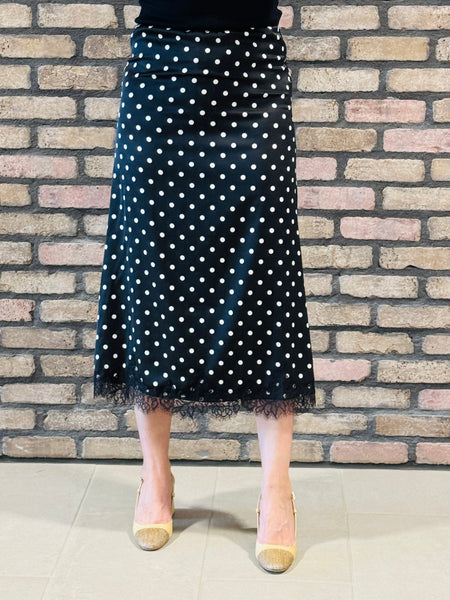 Polka Dot Lace Trim Satin Skirt - Black