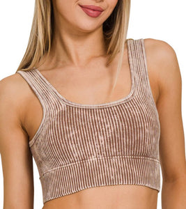 Ribbed Tank Top with Bra Pads - Mocha