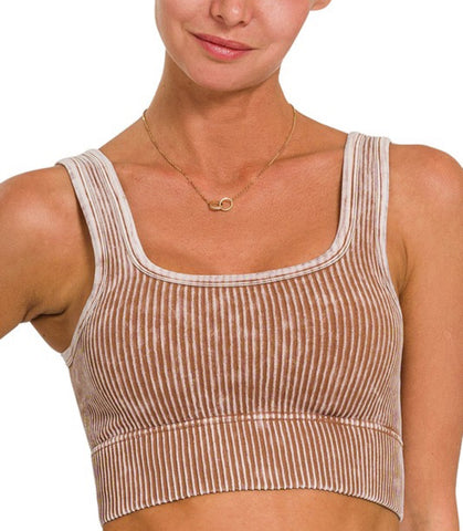 Ribbed Tank Top with Bra Pads - Deep Camel