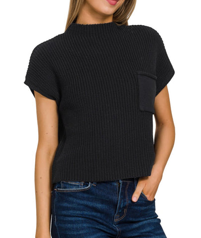 Mock Neck Cropped Sweater - Black