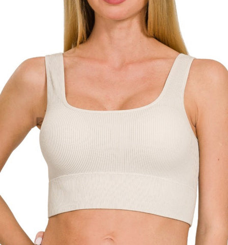 Ribbed Tank Top with Bra Pads - Bone