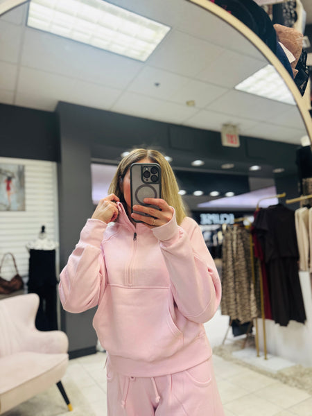 Thumbholes Half Zip Sweatshirt - Baby Pink