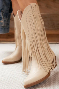 Long Fringe Western Boots - Off White