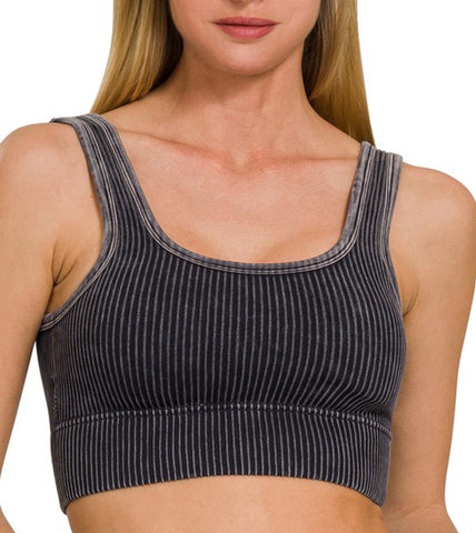 Ribbed Tank Top with Bra Pads - Black